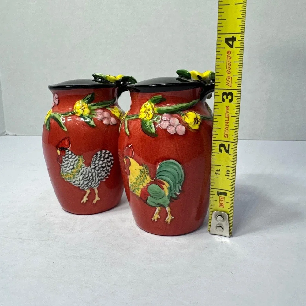 Blue Sky Elisabeth Pohle Rooster Salt and Pepper Shakers Red Floral 2004 Set VTG